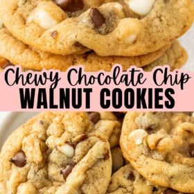 A stack and a plate of chewy chocolate chip walnut cookies with both white and dark chocolate chips.