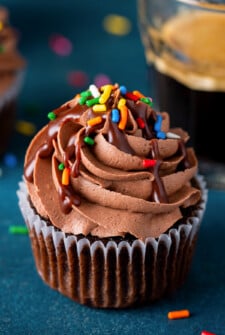 A chocolate cupcake with chocolate frosting and rainbow sprinkles.