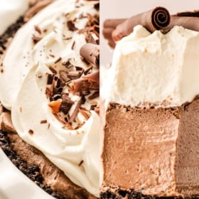 A silky, fluffy chocolate pie is garnished with chocolate shavings.
