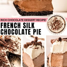 French silk chocolate pie is piled high with fluffy whipped cream.