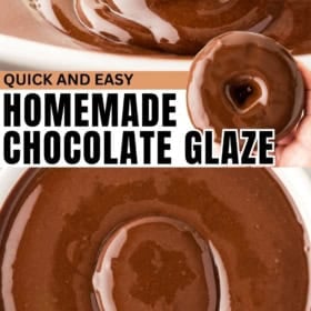 A bowl of shiny chocolate glaze for donuts is being drizzled.