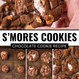 A hand holds a chocolate s’mores cookie with marshmallow and chocolate chunks. Below are three steps showing cookies before baking, after baking, and a batch together.