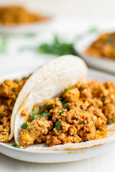 Chorizo and eggs in tortillas.