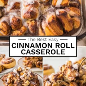 A baked cinnamon roll breakfast casserole topped with white icing in a glass dish, with close-up shots of plated servings and cinnamon rolls.
