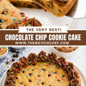 A slice of cookie cake being lifted from a plate and a whole cookie cake on a white plate.