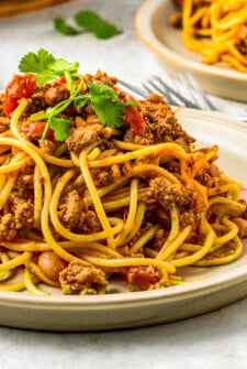 Saucy cowboy spaghetti with fresh cilantro on top.