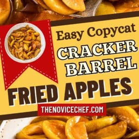 A spoonful of tender fried apples in a sweet cinnamon and brown sugar syrup being lifted out of a bowl.