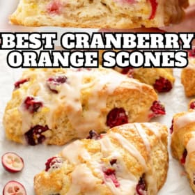 The best glazed cranberry orange scones presented on a white surface.
