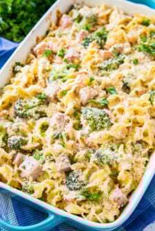 Close-up of the creamy ham casserole in the baking dish.