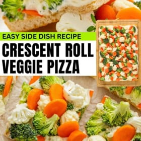 Rectangular veggie pizza on crescent roll crust, topped with broccoli, cauliflower, and carrot slices. Close-ups show colorful vegetables on slices.