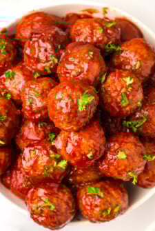 Overhead photo of meatballs in bbq sauce.