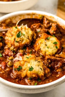 Beef stew recipe with cheesy potato dumplings.