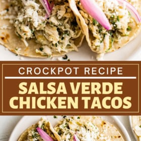 Two tortillas stuffed with salsa verde chicken with toppings on a white plate.