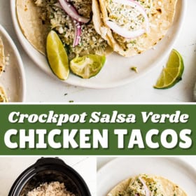 Flour tortillas stuffed with salsa verde chicken and a crockpot with salsa verde chicken in it.