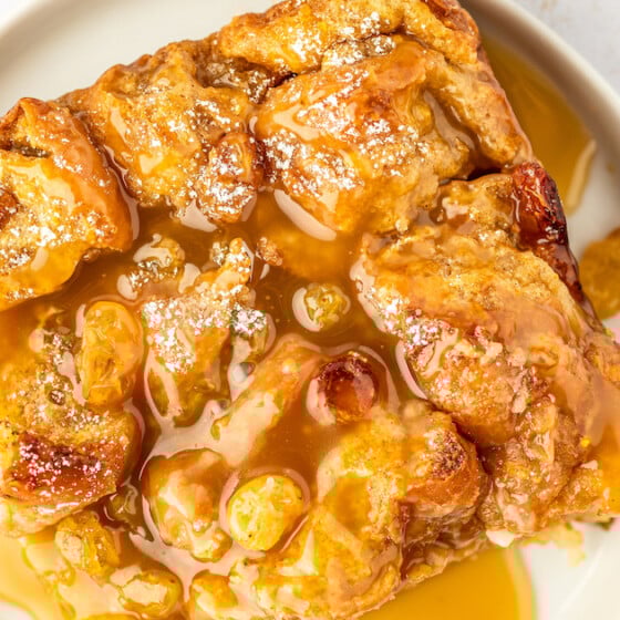 Landscape photo of donut bread pudding.