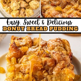 Bread pudding being prepared in a bowl, baked in a casserole dish and a s lice of donut bread pudding on a plate with a spoon drizzling rum sauce on top.