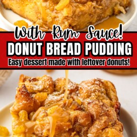 A fork taking a bite of bread pudding and a slice of warm bread pudding with rum sauce being drizzled on top.