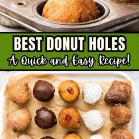 Close-up of a donut hole being filled with red jelly in a muffin tin. Below, various finished donut holes coated with chocolate, powdered sugar, and cinnamon sugar are arranged on a parchment-lined tray.