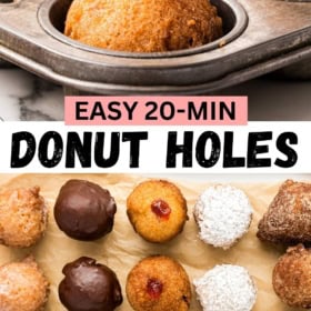 Top image: A metal muffin pan with donut holes, one being filled with jelly. Bottom image: Assorted donut holes with various coatings on parchment paper.