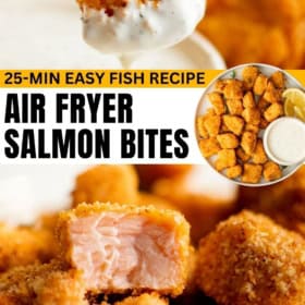 Air fryer salmon bites are dipped in creamy sauce.