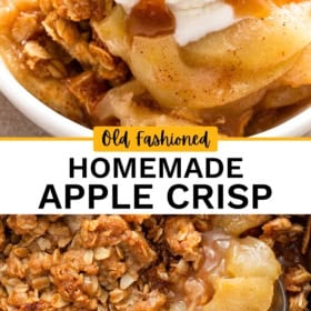 A close-up of homemade apple crisp topped with a scoop of vanilla ice cream and caramel sauce.