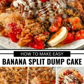 A banana split dump cake topped with vanilla ice cream, chocolate and strawberry sauces, and a fresh strawberry slice, shown in a close-up and three smaller images highlighting the cake’s layers and ingredients.