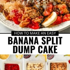 Banana split dump cake topped with ice cream, chocolate drizzle, and a strawberry, shown served in a bowl and in three stages of preparation in baking dishes below.