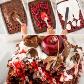 Collage of an easy Black Forest cake recipe. Top row: mixing chocolate batter, spreading cherry filling, and topping with cream. Bottom: close-up of a sliced cake piece topped with a cherry and chocolate shavings.