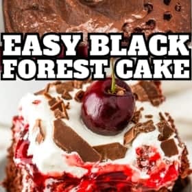 A two-part image of a Black Forest poke cake recipe. The top shows chocolate pudding being spread into a chocolate cake poked with holes. The bottom displays a slice of cake with whipped cream, cherry filling, chocolate shavings, and a cherry on top.