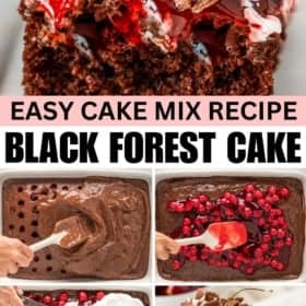 Close-up of a Black Forest Cake topped with whipped cream, a cherry, and chocolate shavings. Step-by-step images show spreading chocolate pudding over cooked bake, adding cherries, spreading cream, and finished cake.