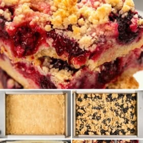 Collage showing blackberry pie bars: a close-up of baked bars with crumb topping, and four step-by-step images of crust, adding blackberries, crumb topping, and cut bars.