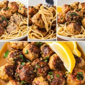 Collage of chicken meatballs in lemon sauce, served with pasta. The dishes are garnished with parsley and lemon wedges.