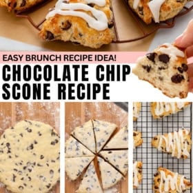 Chocolate chip scones are prepared in simple steps and served with easy icing.
