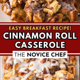 Close-up of a cinnamon roll casserole drizzled with white icing in a casserole dish with a wooden spoon scooping a serving.