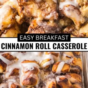 Close-up of cinnamon roll casserole pieces topped with white icing, shown in serving form on top and baked in a pan below.