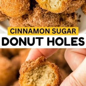 Cinnamon sugar donut holes are held by a hand and presented in a small pile on a plate.