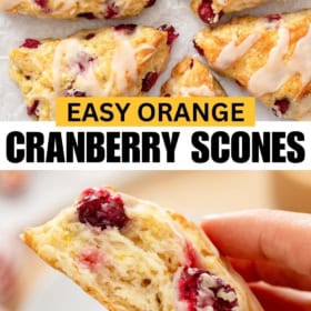 Easy orange cranberry scones are held in a hand to reveal a buttery, cooked through center.