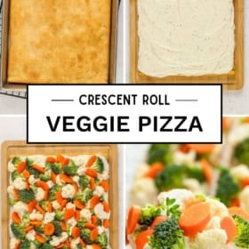 A four-step collage shows how to make crescent roll veggie pizza: baked crust, crust spread with cream mixture, topped with broccoli, cauliflower, carrots, and a close-up of a cut slice.
