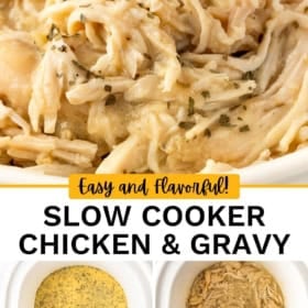 Three images show the process of making crockpot chicken and gravy: a close-up of shredded chicken and gravy, the ingredients in a slow cooker, and the cooked shredded chicken.