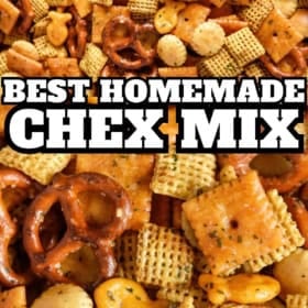 Close-up of a homemade Chex mix with pretzels, crackers, Chex cereal, and seasoning.