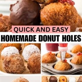A collage of homemade donut holes in various stages: some coated with powdered sugar, others dipped in chocolate, and some with jelly filling. A piping bag is filling one donut hole with jam.