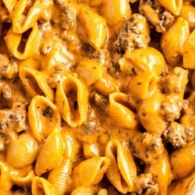 A skillet filled with Homemade Hamburger Helper.