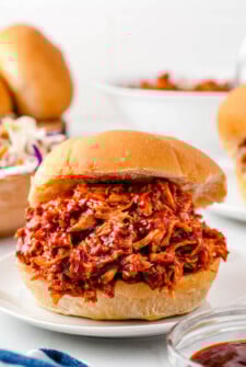 Oven pulled chicken on sandwich buns.