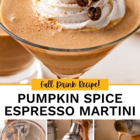 A pumpkin martini in a glass, topped with whipped cream, coffee beans, and cinnamon. Below are step-by-step images: adding ice, shaking ingredients, and pouring the drink.