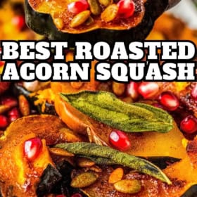 Close-up of roasted acorn squash slices topped with pomegranate seeds, crispy sage leaves, and pumpkin seeds.