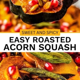 Close-up of roasted acorn squash slices topped with pomegranate seeds, pumpkin seeds, and crispy sage leaves.