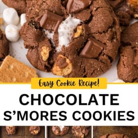 Close-up of chocolate s’mores cookies with chunks of chocolate, marshmallow, and graham cracker. Below are step-by-step images showing cookie dough balls on a baking sheet and the baked cookies.