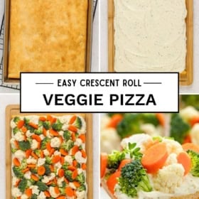 Four-step collage showing: 1) baked crescent roll crust on a baking sheet, 2) crust spread with creamy white sauce, 3) topped with chopped broccoli, cauliflower, and carrots, 4) close-up of a crescent roll veggie pizza slice.