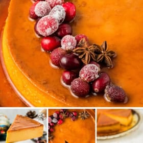 A creamy eggnog flan topped with sugared cranberries and star anise, shown whole and sliced. Close-up photos highlight the smooth texture and festive garnish.