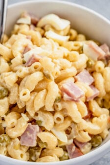 Pasta salad with ham, peas, and creamy dressing.